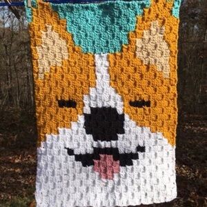 Happy Corgi Crochet Baby Blanket - Double-Sided C2C Pixel Art Throw 16.5x23.5"